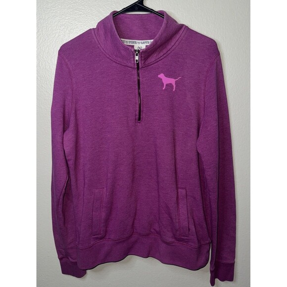 Victorias Secret PINK Sweater Quarter Zip Size Large Dog Love Pink On Back Soft - Picture 1 of 6